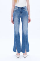 High-Waisted Flare Jeans with Front Slit – Medium Wash