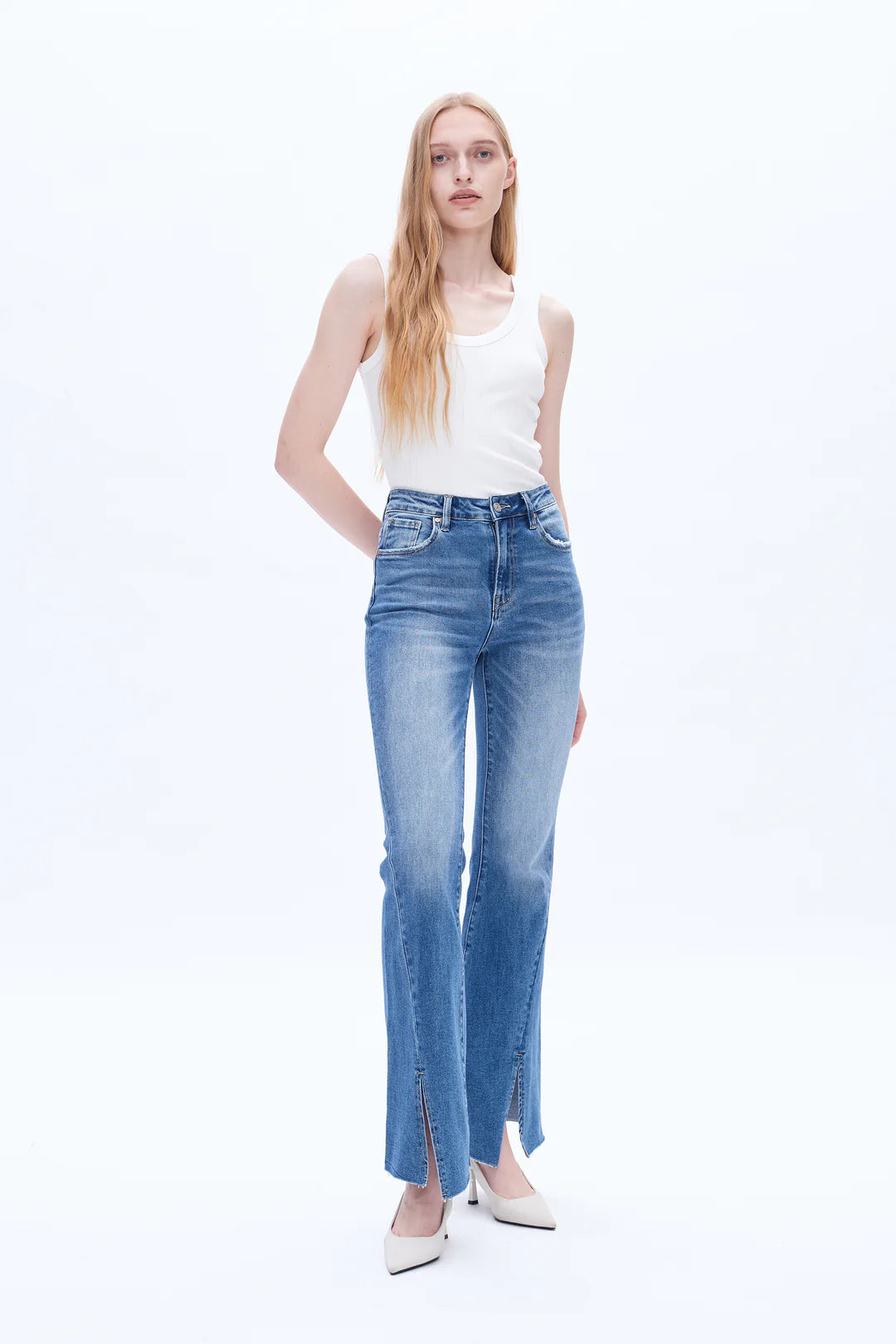High-Waisted Flare Jeans with Front Slit – Medium Wash