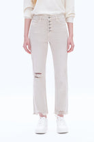 High Rise Straight Leg Jeans – Button Fly & Frayed Hem in Oyster Gray
