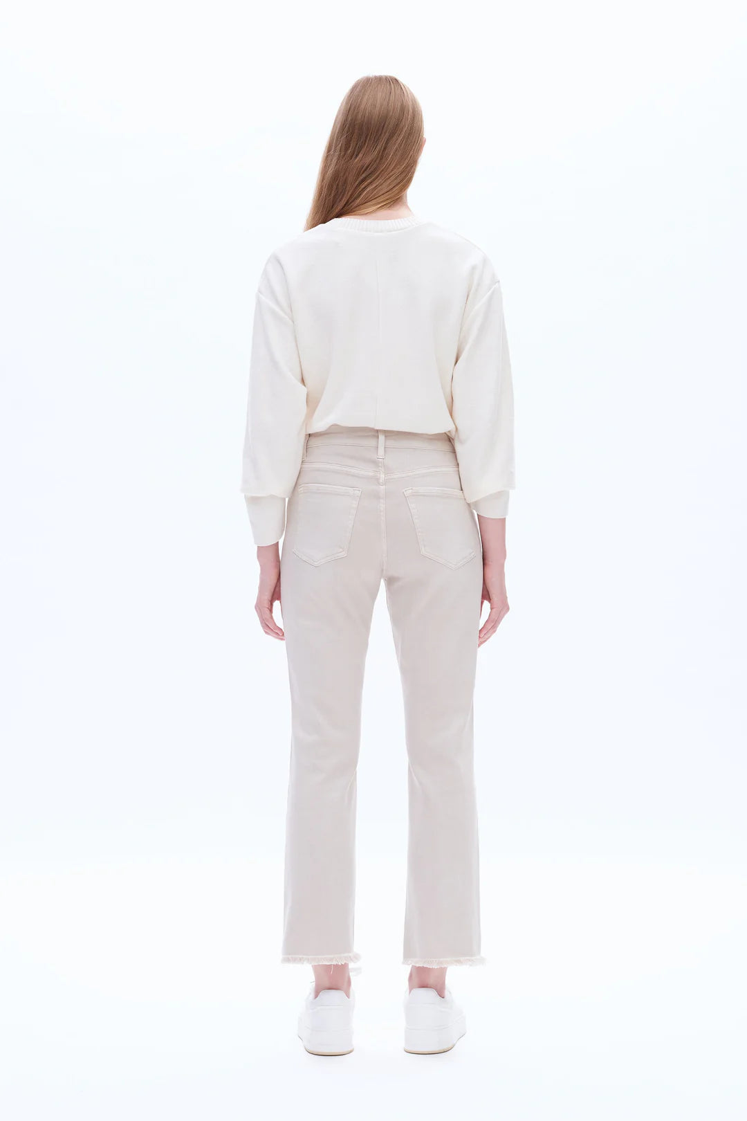 High Rise Straight Leg Jeans – Button Fly & Frayed Hem in Oyster Gray