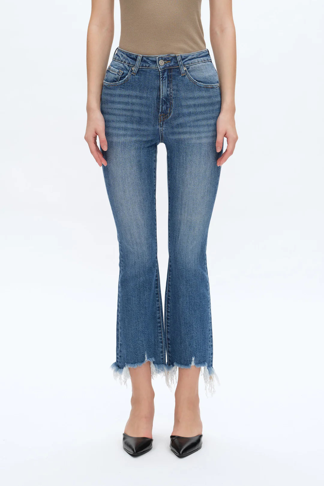 Rita High Rise Frayed Hem Ankle Flare Jeans Person wearing blue flared jeans on a white background