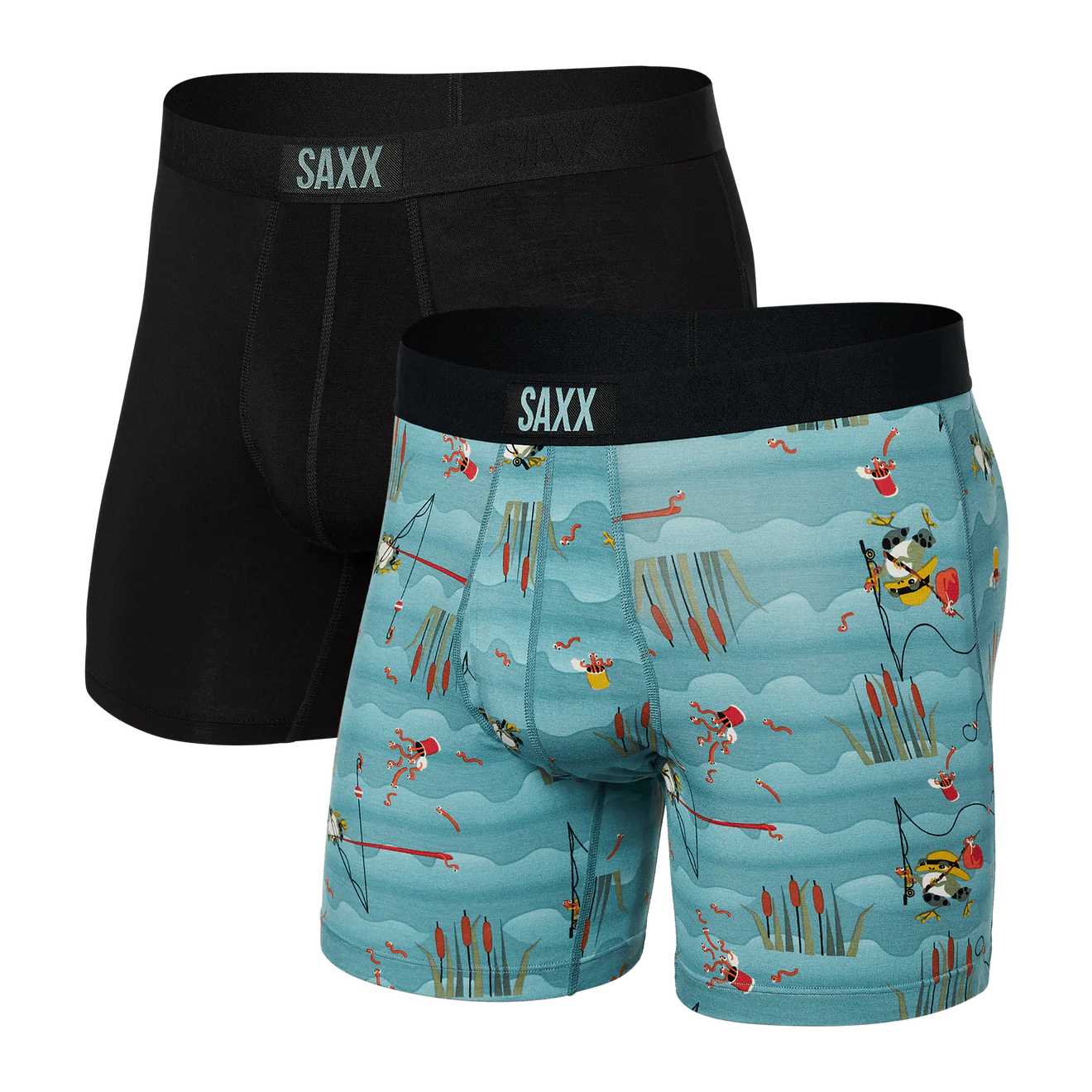 SAXX Ultra Super Soft Boxer Briefs with Fly – 2-Pack Gone Fishing – Black