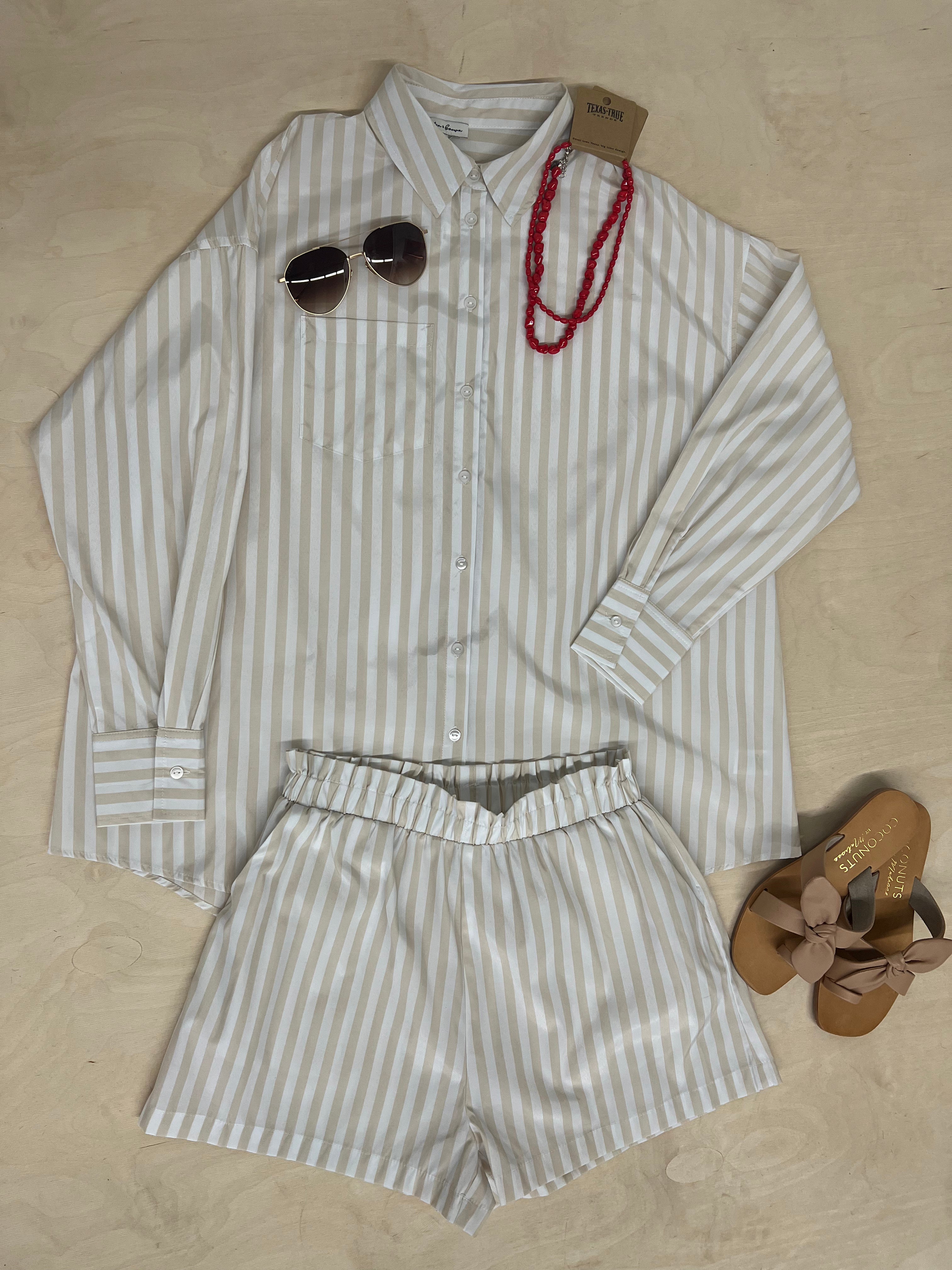 Beige Striped Lounge Shorts