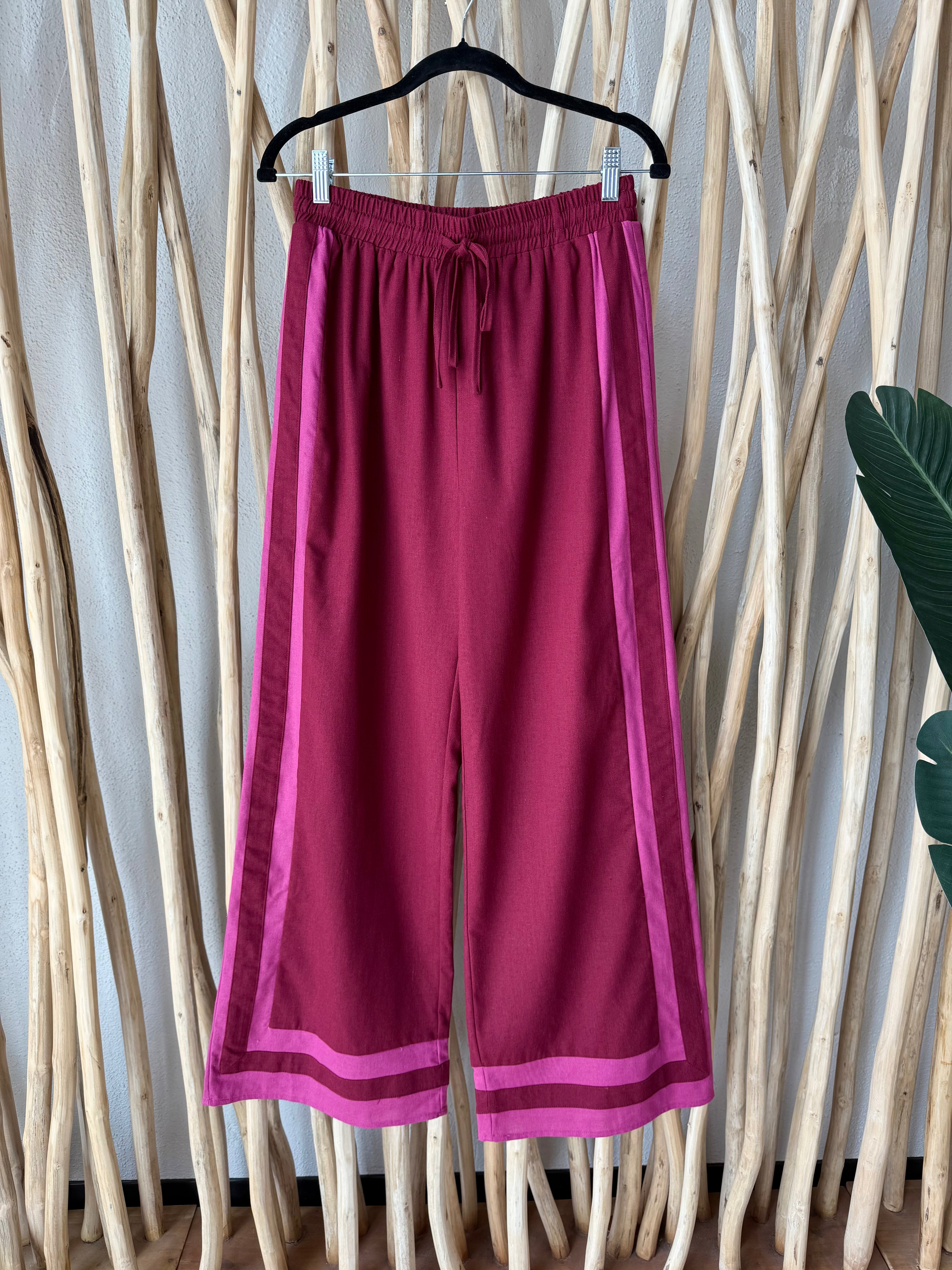 Burgundy Wide Leg Abstract Stripe Pants