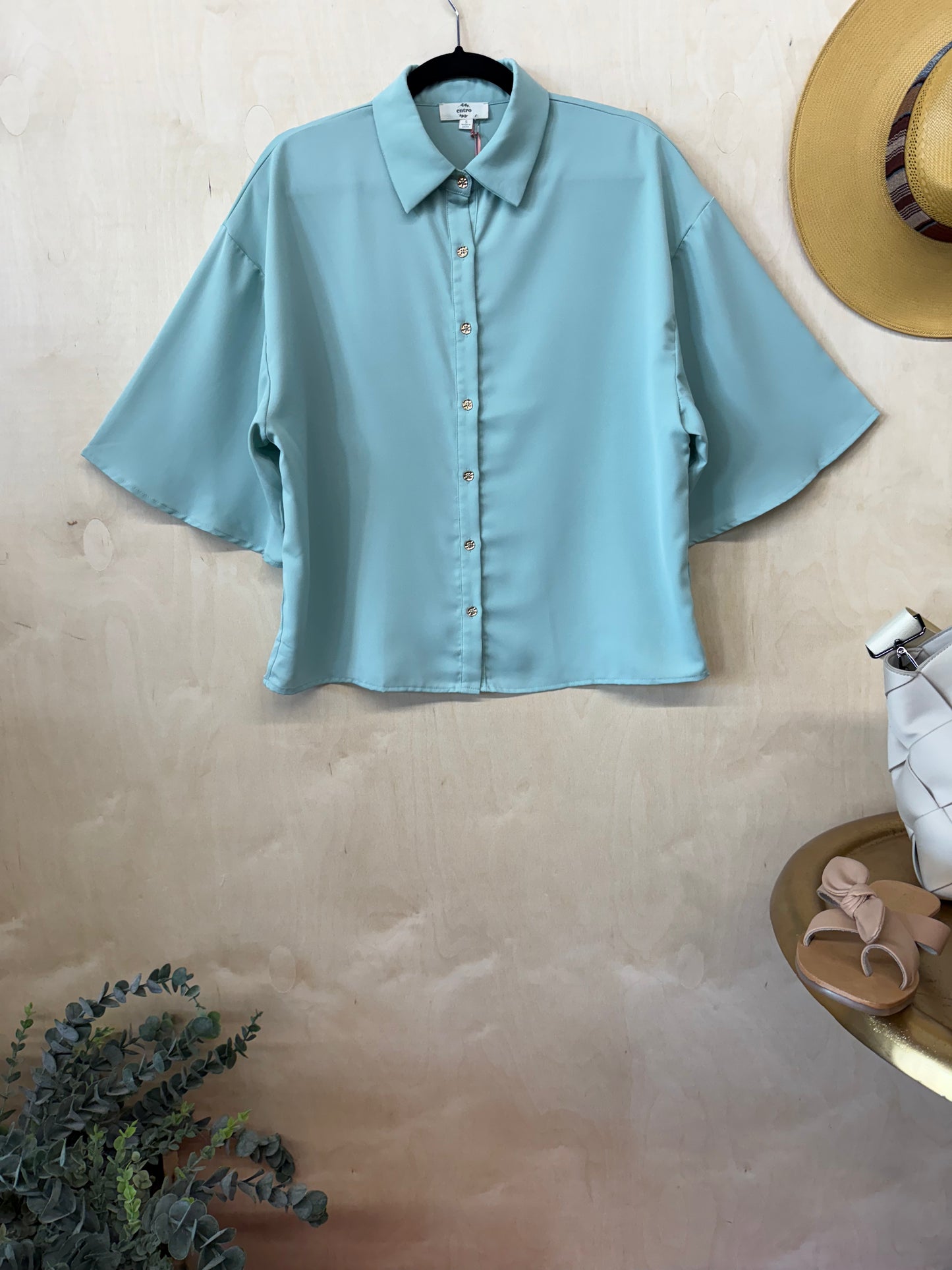 3 Qtr Sleeve Cropped Button Up