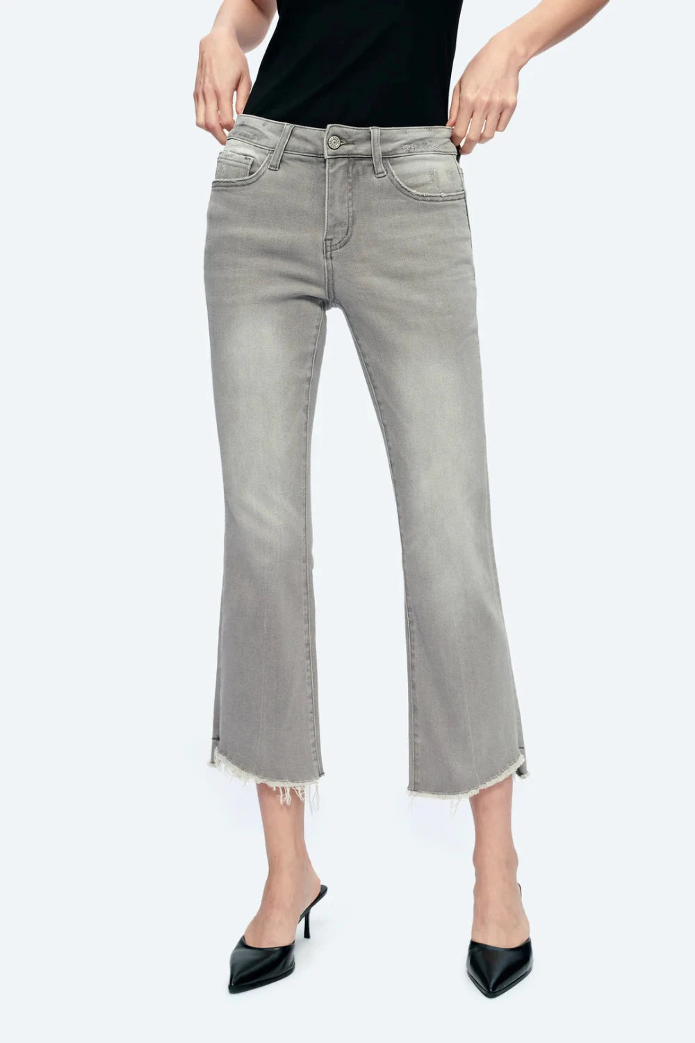  Gray High-Rise Straight Ankle Jeans with Raw Hem 