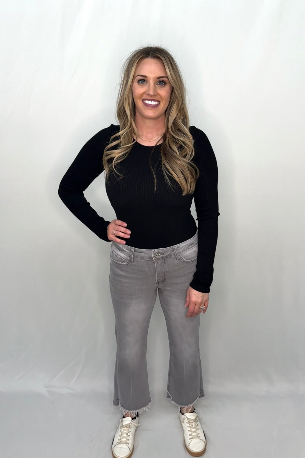 Gray High-Rise Straight Ankle Jeans with Raw Hem 
