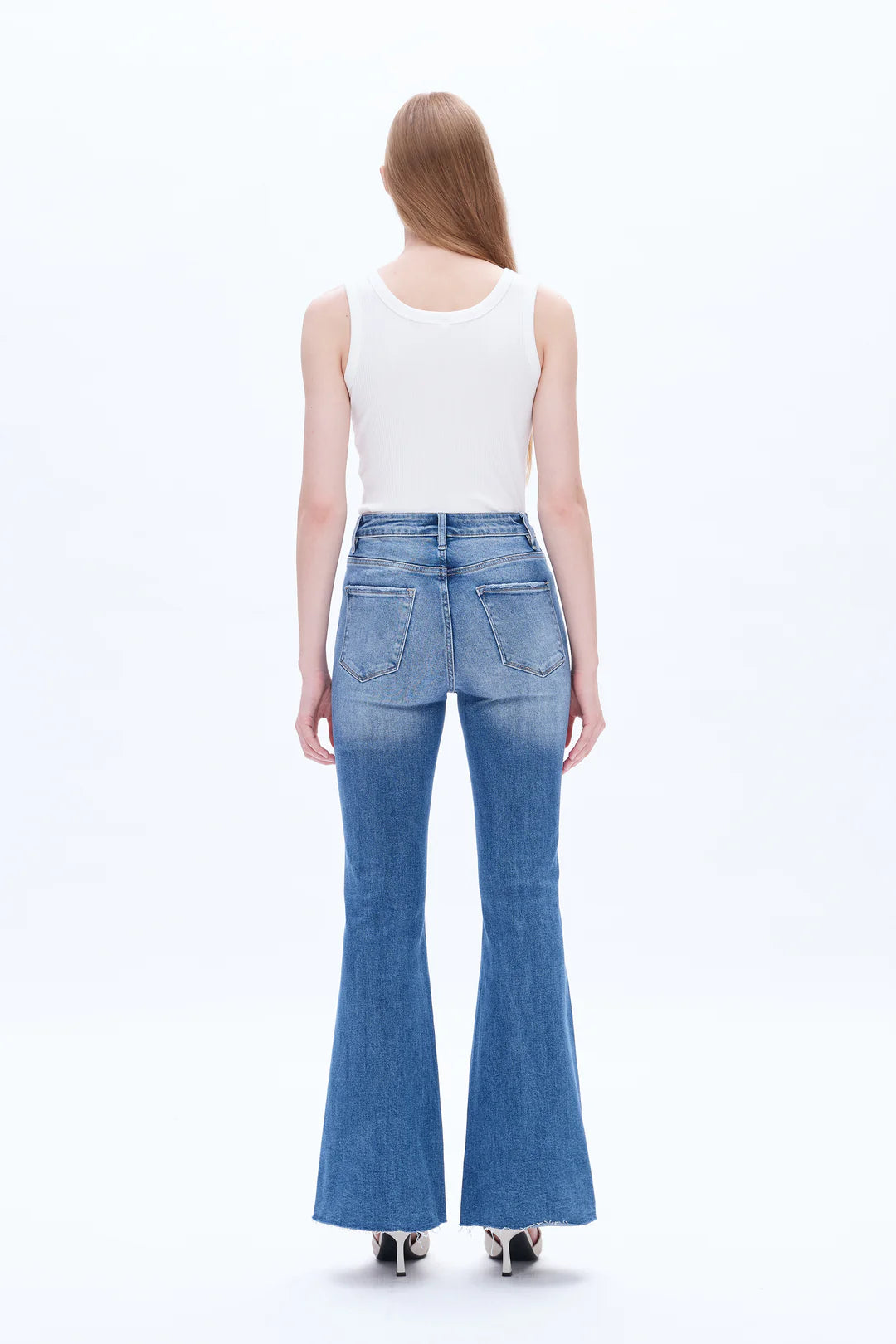 High-Waisted Flare Jeans with Front Slit – Medium Wash 