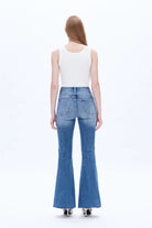 High-Waisted Flare Jeans with Front Slit – Medium Wash 