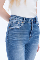 High-Waisted Flare Jeans with Front Slit – Medium Wash 
