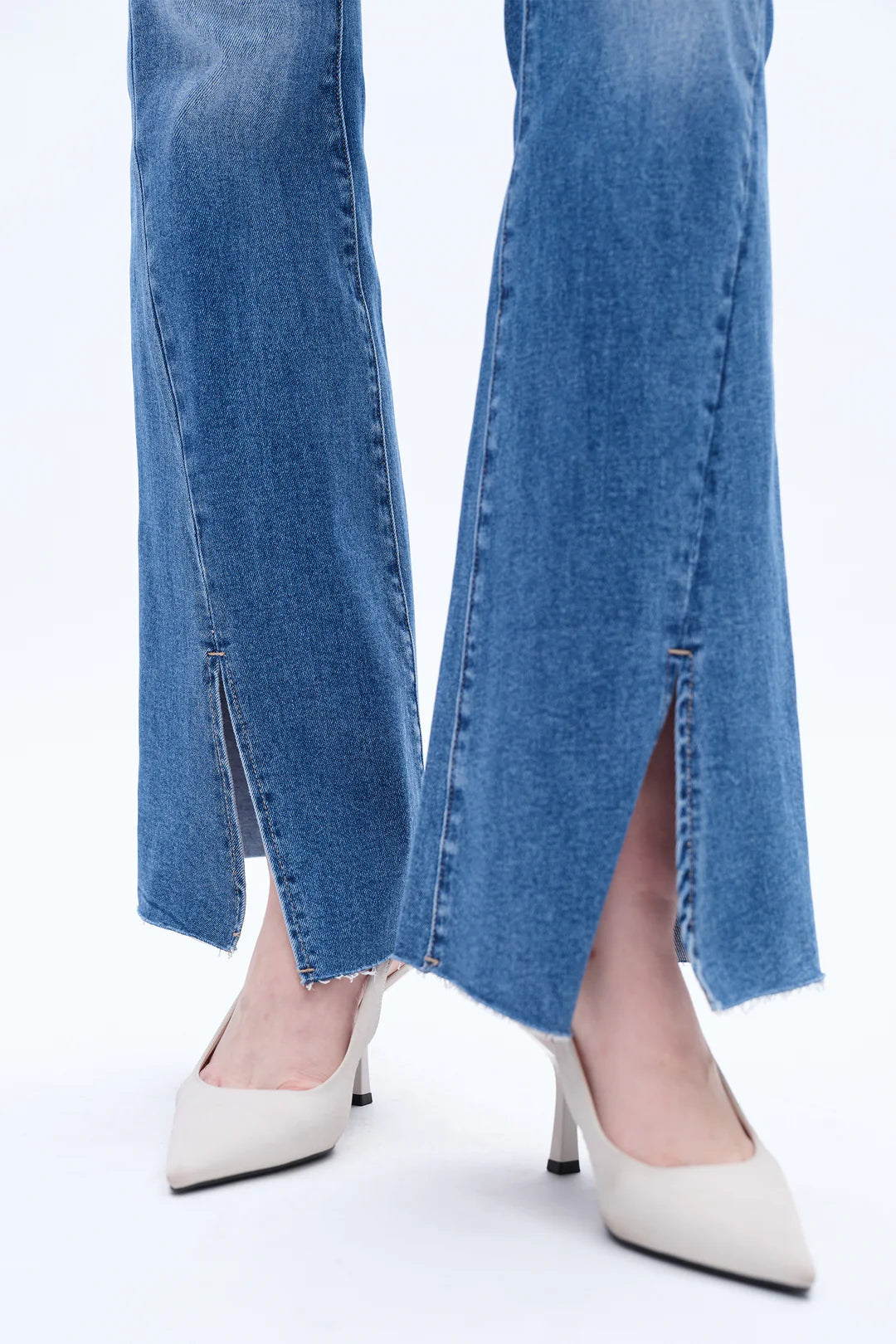 High-Waisted Flare Jeans with Front Slit – Medium Wash 