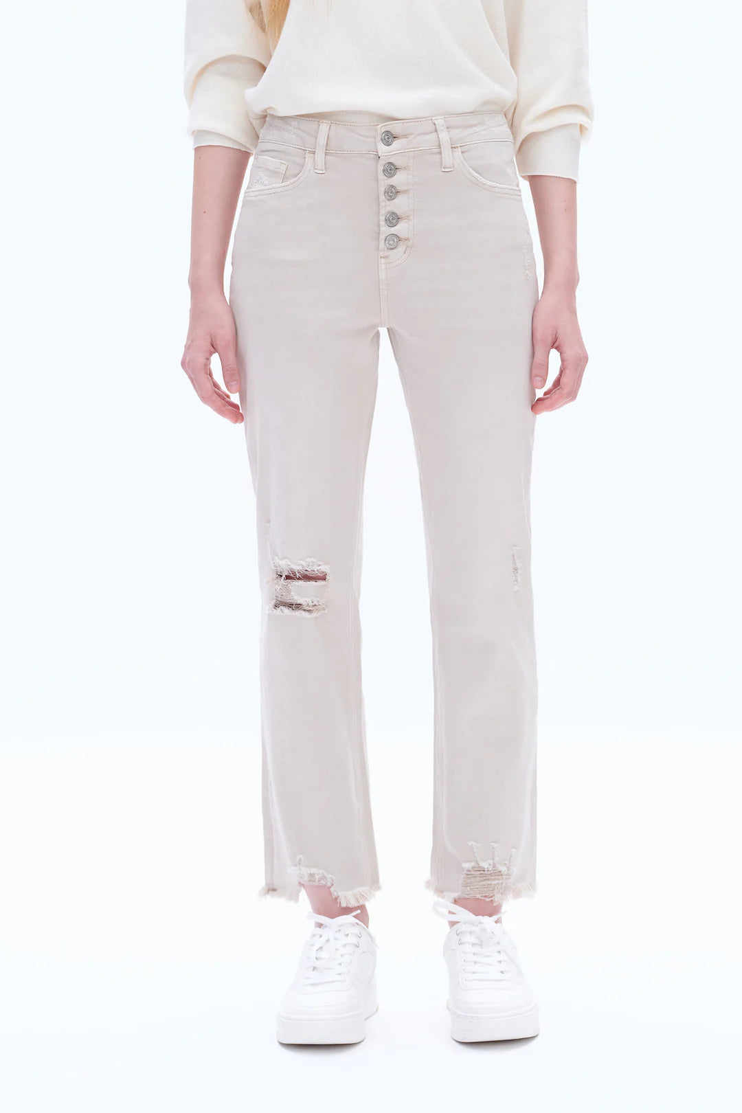 High Rise Straight Leg Jeans – Button Fly & Frayed Hem in Oyster Gray 