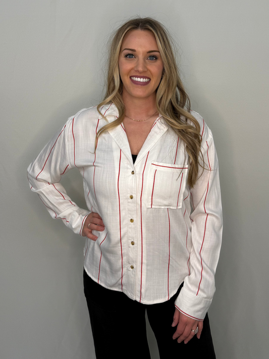 White & Red Stripe Button Up