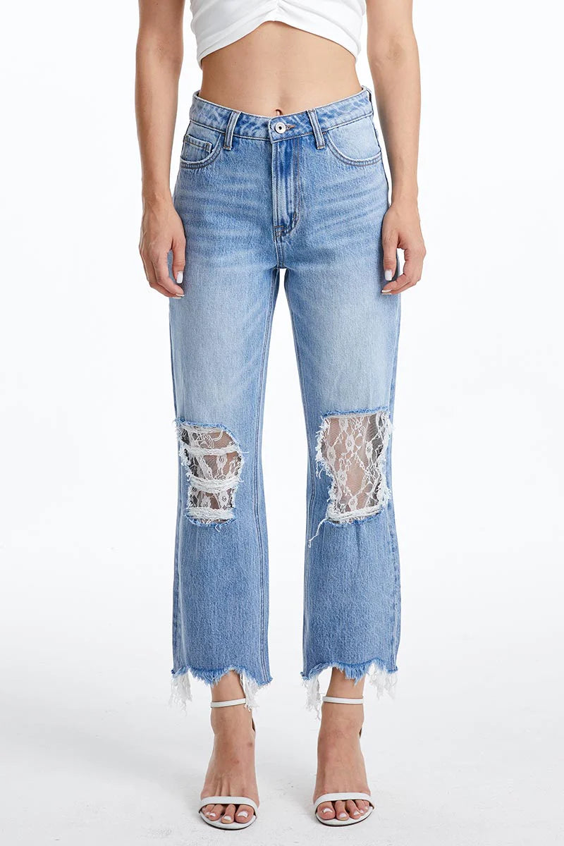 Lace-Up Side Distressed Jeans – Light Wash 