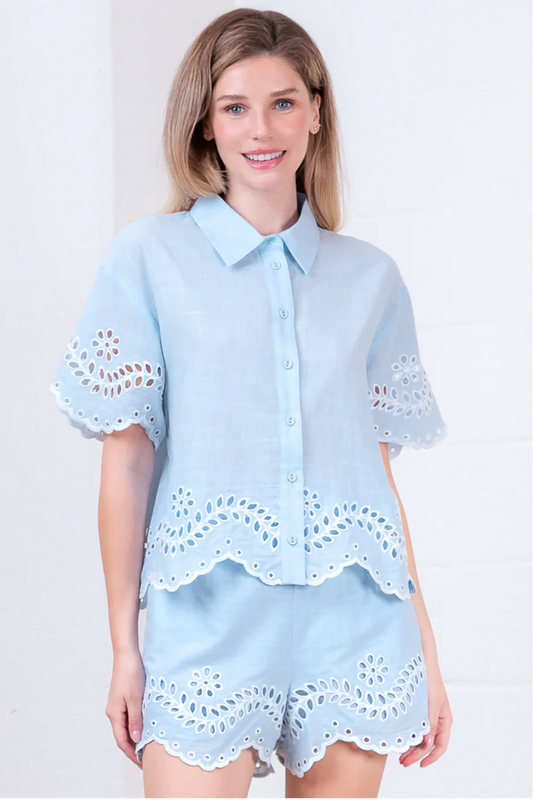 Blue Linen Eyelet Zip Up Shorts