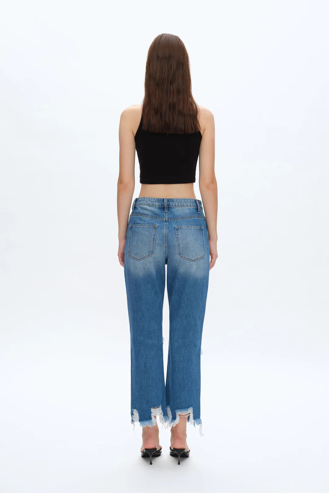 Yoyo High Rise Distressed Straight Leg Jeans – Medium Wash Raw Hem 