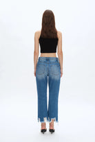 Yoyo High Rise Distressed Straight Leg Jeans – Medium Wash Raw Hem 