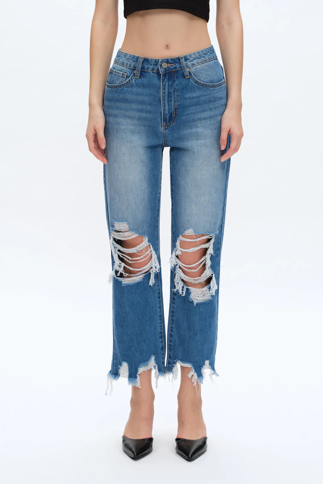 Yoyo High Rise Distressed Straight Leg Jeans – Medium Wash Raw Hem 