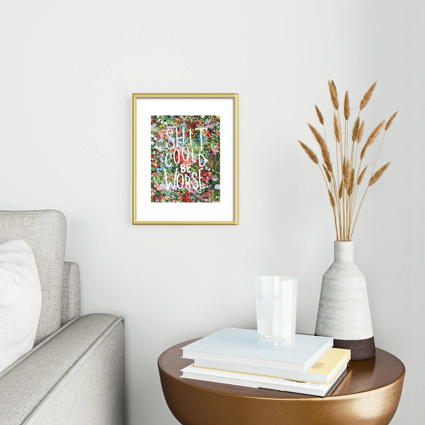 Floral Typography Metal Framed Art Print Gold