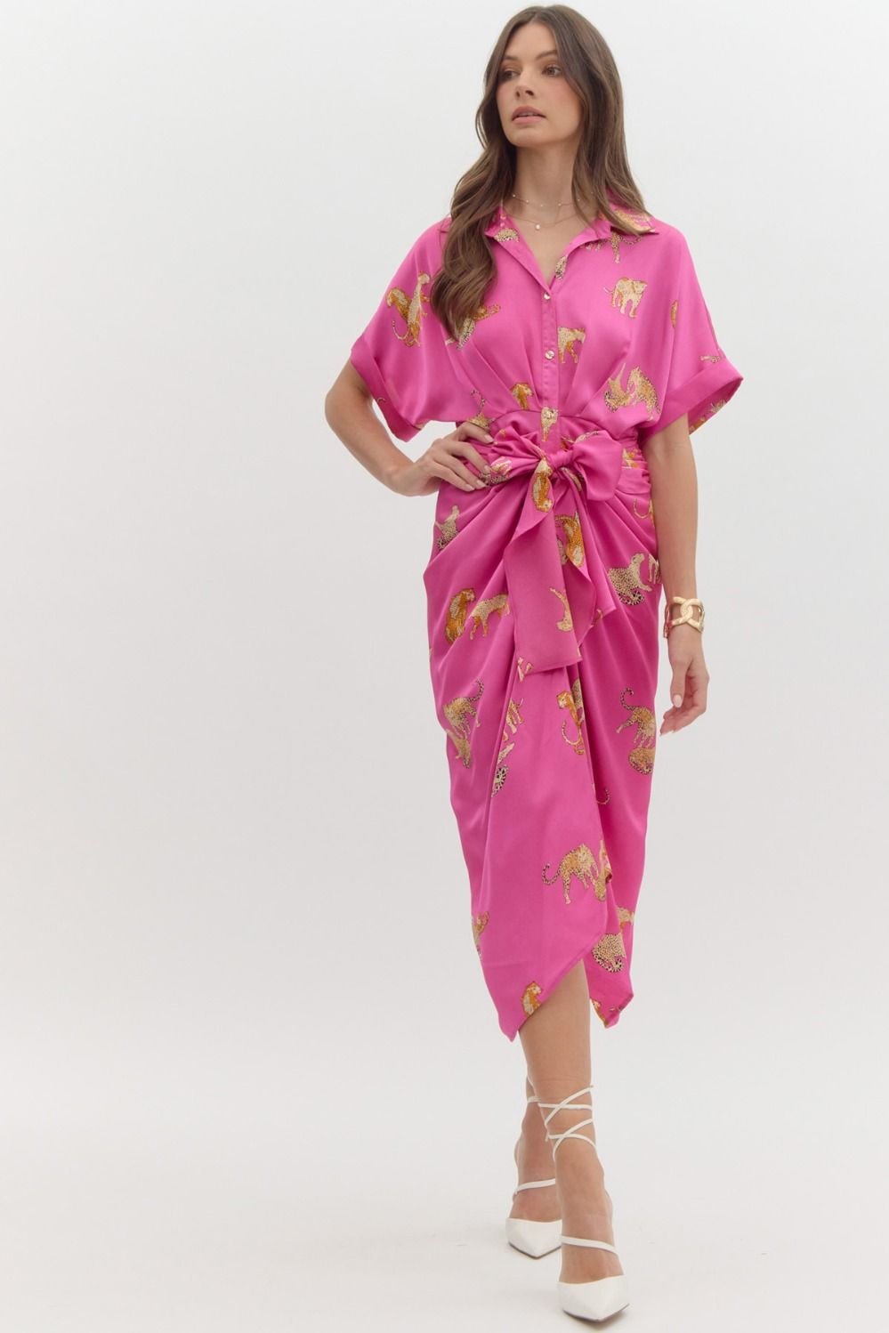 Button Up Short Sleeve Dress w/ Leopards